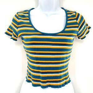 ZARA Trafaluc Blue Yellow Crop Knit Top Short Sleeve Scoop Neck S